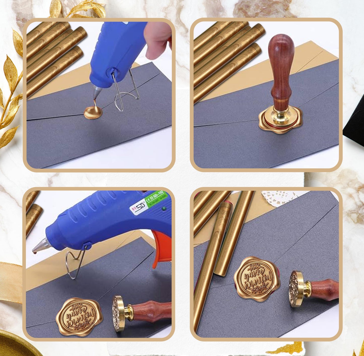 Pack of 50 Premium Mailable Glue Gun Sealing Wax Sticks for Mini Glue Guns – Antique Gold Wax Seals for Letters, Invitations, Cards, Envelopes & Gifts
