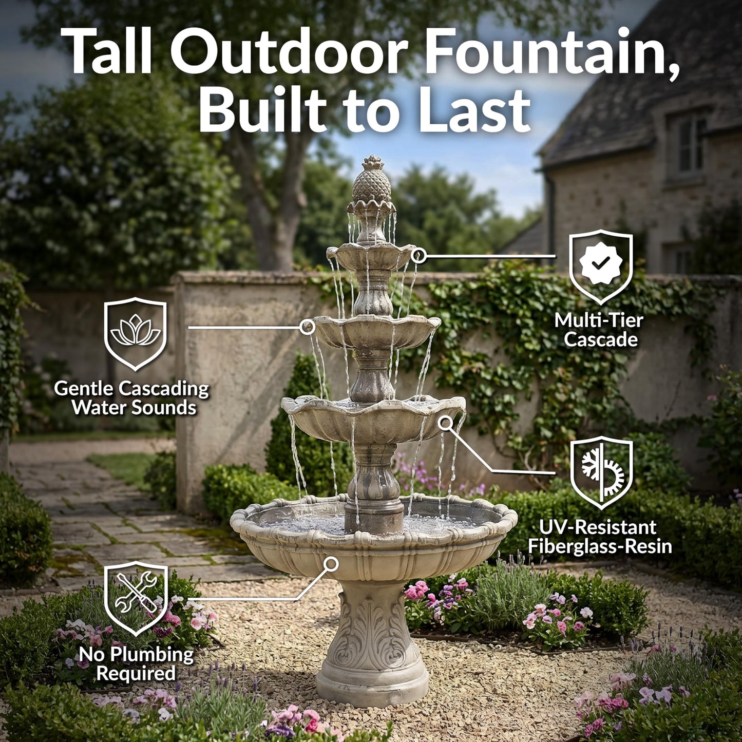 Sunnydaze Grand Courtyard 4-Tier Large Outdoor Water Fountain - 80" Tall Outdoor Fountain - Tiered Electric Garden Water Feature for Patio, Backyard, or Yard - Faux Stone Resin - Earth
