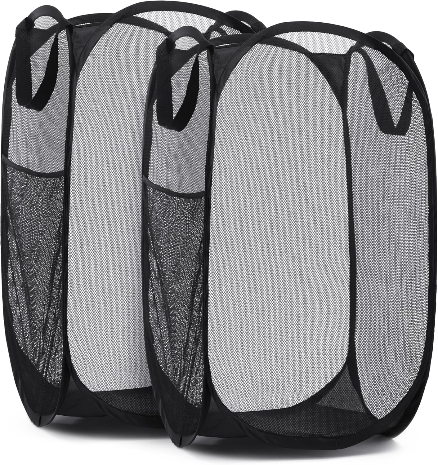 Handy Laundry Collapsible Mesh Pop Up Hamper, Wide Opening with Side Pocket - Sturdy, Foldable Design (Black | 2-Pack)