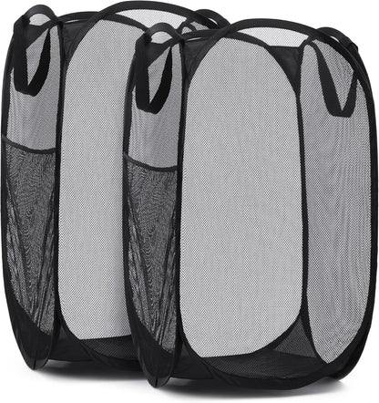 Handy Laundry Collapsible Mesh Pop Up Hamper, Wide Opening with Side Pocket - Sturdy, Foldable Design (Black | 2-Pack)