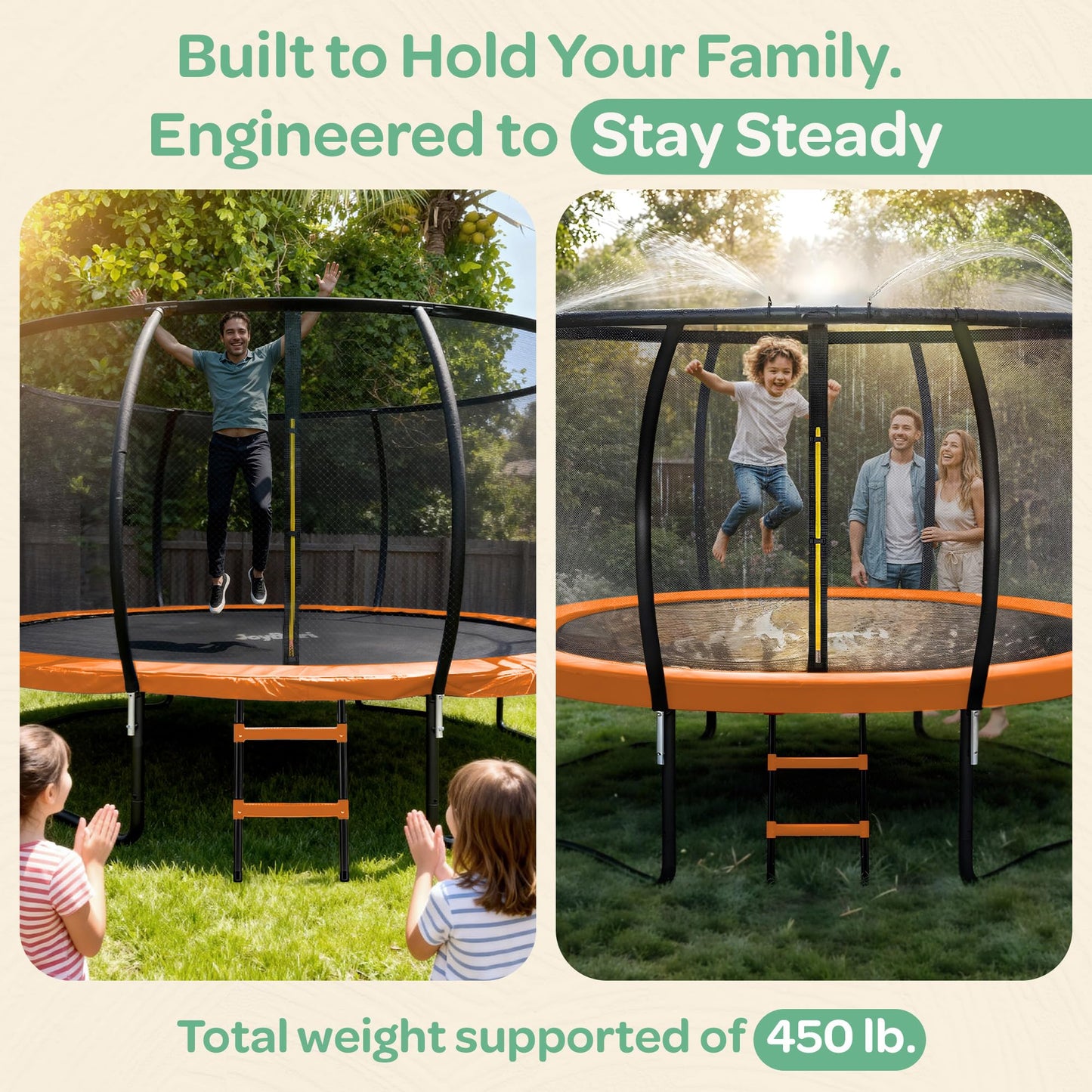 JoyBerri Trampoline Outdoor - Upsurge ASTM Certified Safe 8Ft 10Ft 12Ft 14Ft 15Ft 16Ft Recreational Trampoline for Kids and Adults. Anti-Rust Coating with Enclosure Net, Ladder, Sprinkler & LED Lights