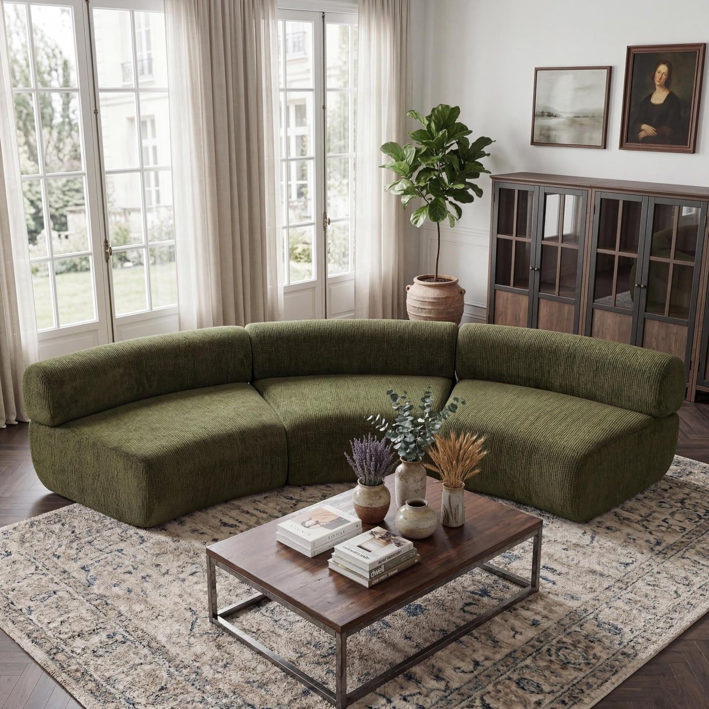 Christopher Knight Home Amino 118.5" Modular Sectional Sofa Chair, Modern Curved 3-Seater Large Sofa Couches, Comfy Upholstered Sectional Cloud Couch for Living Room, No Assembly Required, Green