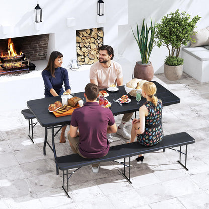 Real Relax 6' Picnic Table with 2 Benches, 3 Piece Black Wood Grain Portable HDPE Folding Camping Table and Benches for Courtyard, Garden, Outdoor Leisure, Party