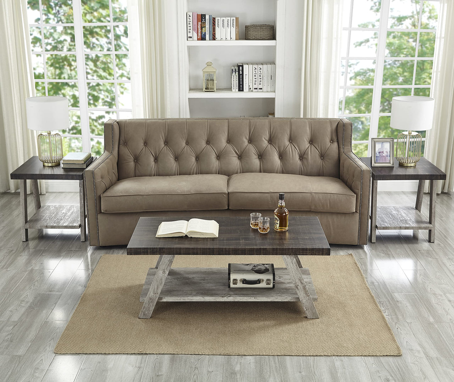 Roundhill Furniture Athens Contemporary 3-Piece Wood Shelf Coffee Table Set, Weathered Walnut and Gray
