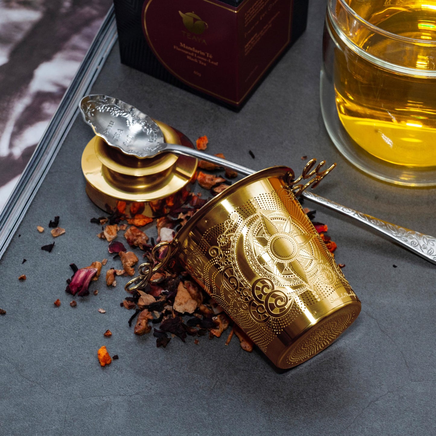Premium Stainless Steel Tea Infuser Basket Gift Set - Gold Plated Loose Leaf Tea Steeper with Floral Engraved Lid, Stand & Fine Mesh Filter | Best Tea Strainer for Tea Lover