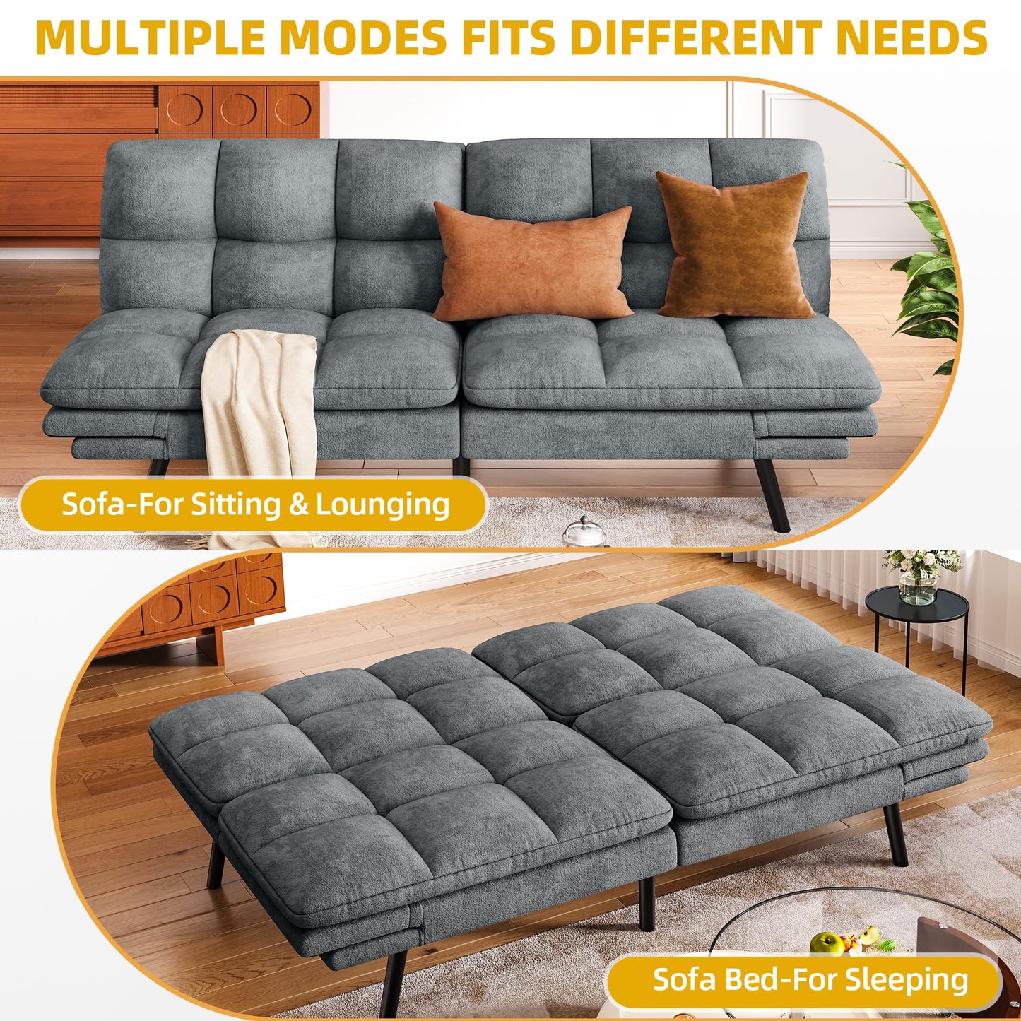 DWVO 70" Convertible Futon Sofa Bed, Folding Futon Set for Living Room Home Office Aprtment, Modern Futon Couch with Adjustable Backrest & Armrests, Recliner Lounge, Loveseat Sofa