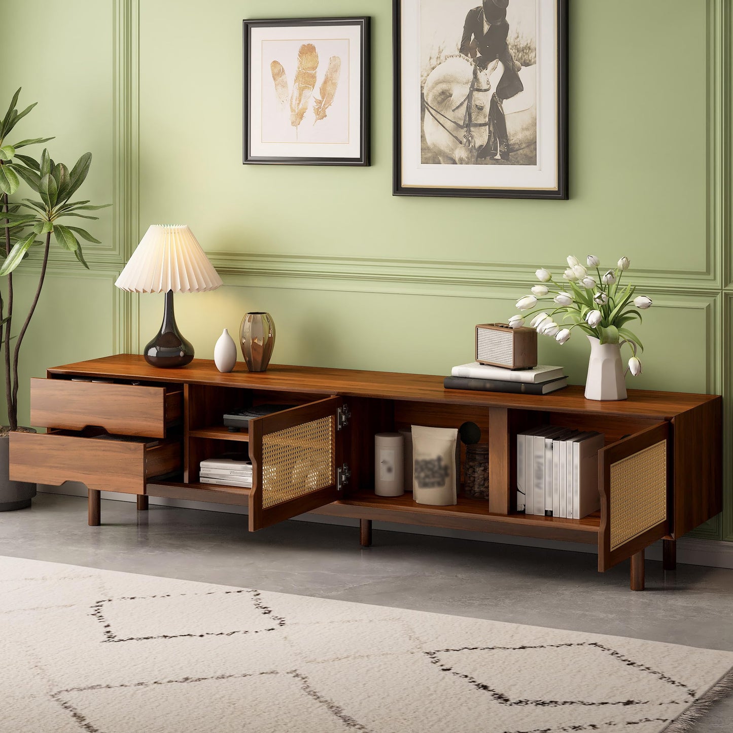 Merax Rattan TV Stand 78 Inch for 85 Inch TV, Modern Media Console with 2 Drawers, Wood Entertainment Center with Solid Wood Legs for Living Room