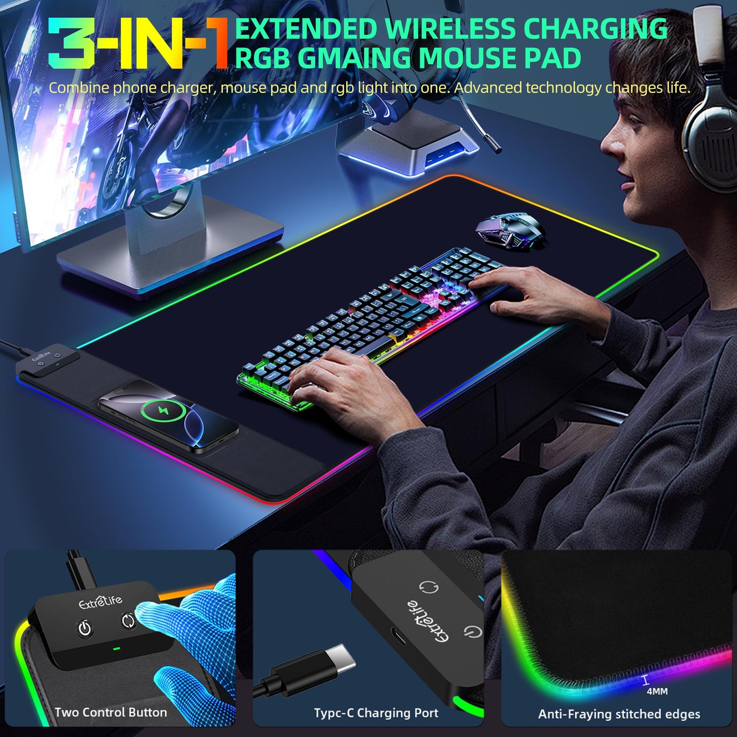 Wireless Charging Mouse Pad, RGB Gaming Mousepad, 31.5"x15.7" Extra Large Desk Pad, 13 Light Modes, Ultra-Smooth Surface, Non-Slip Base, Waterproof Computer Keyboard Mat for MacBook, PC, Laptop, Black