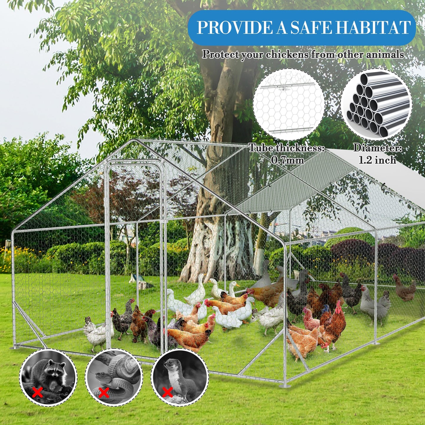 Large Metal Chicken Coop with Run, 9.8x19.7x6.6 Ft Walk in Chicken Runs for Outdoor Backyard, Heavy Duty Poultry Pen with Security Lock & Anti-UV Cover, Tri-Supporting Wire Mesh