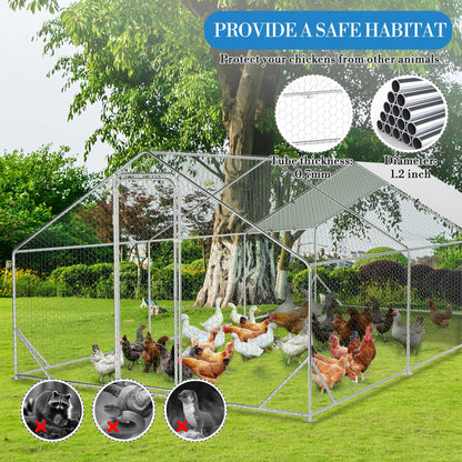 Large Metal Chicken Coop with Run, 9.8x19.7x6.6 Ft Walk in Chicken Runs for Outdoor Backyard, Heavy Duty Poultry Pen with Security Lock & Anti-UV Cover, Tri-Supporting Wire Mesh