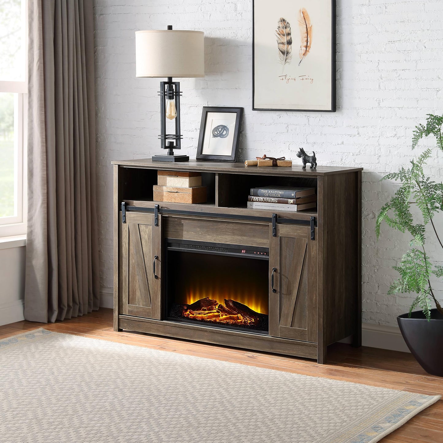ACME Tobias Electric Fireplace Rustic Farmhouse TV Stand with Sliding Barn Door for TVs up to 55", Rustic Oak Finish