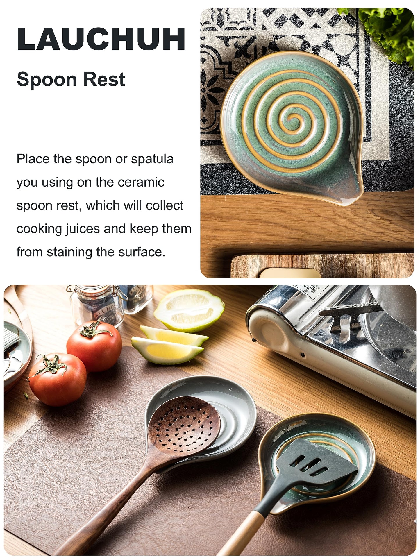 LAUCHUH Spoon Rest for Kitchen Counter,5" Spoon Holder for Kitchen Counter Stove Top Ceramic Spatula Holder for Mother's Day, Ladle, Spatula, Spoons or Tongs, Unique Green
