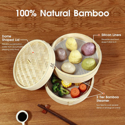Handmade 8 Inch Bamboo Steamer Basket with Reusable Cotton Liners, 2 Tier Traditional Dumpling Food Steamer