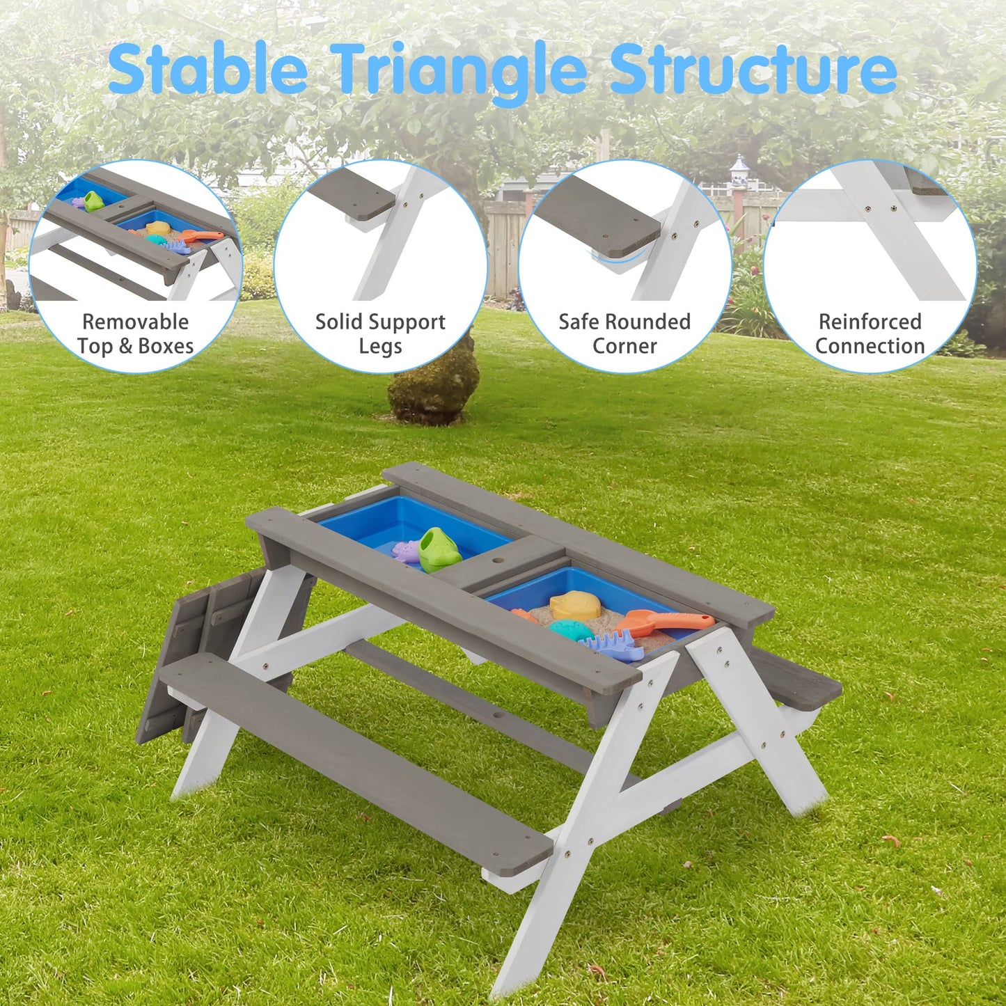 3-in-1 Kids Outdoor Wooden Picnic Table with Umbrella, Convertible Sand & Wate, Gray ASTM & CPSIA Certification