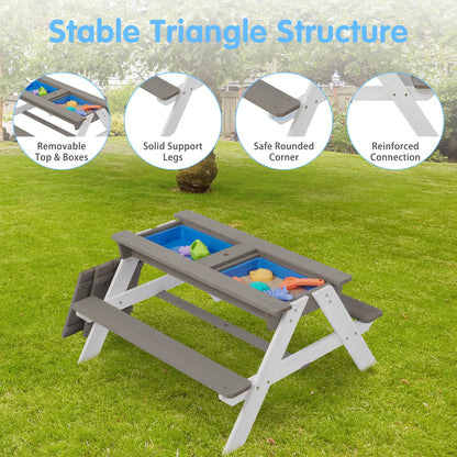 3-in-1 Kids Outdoor Wooden Picnic Table with Umbrella, Convertible Sand & Wate, Gray ASTM & CPSIA Certification