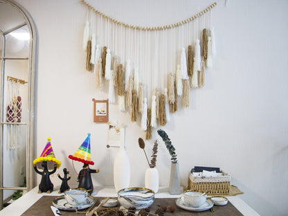 Decocove Large Macrame Wall Hanging with Wood Beads - Bohemian Wall Decor for Bedroom, Living Room and Kitchen - Cream and Beige - 35'' x 36''