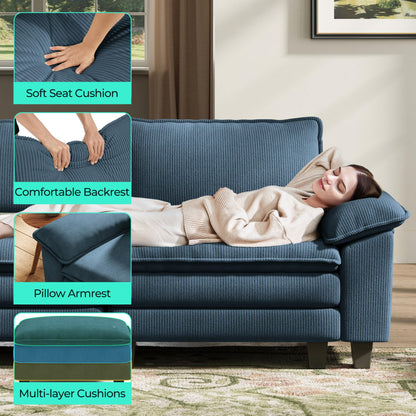 LINSY HOME 123'' Modular Sectional Sofa Blue Couch Corduroy Cloud Couches for Living Room, L Shaped Couch with Movable Ottoman, Modern Cloud Sectional Sofas for Bedroom and Apartment, Blue