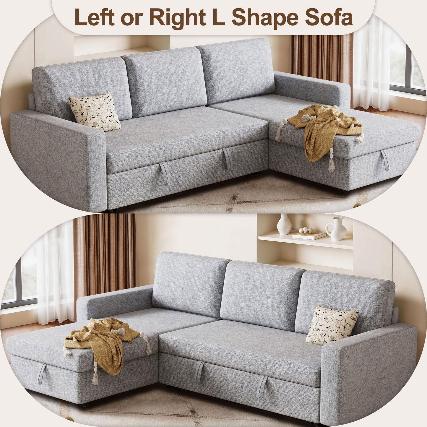FAVSH 81.5" Convertible L Shaped Sleeper Sofa, 3-Seat Pull Out Sectional Couch with Storage Chaise & Removable Cushions, Chenille Fabric for Small Living Room Apartment, Light Gray