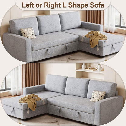 FAVSH 81.5" Convertible L Shaped Sleeper Sofa, 3-Seat Pull Out Sectional Couch with Storage Chaise & Removable Cushions, Chenille Fabric for Small Living Room Apartment, Light Gray