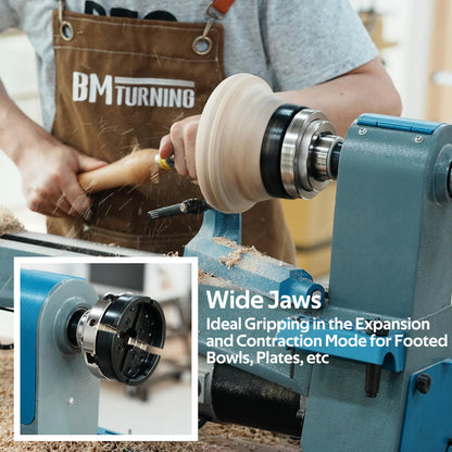 BMTURNING 4” Wood Lathe Self-Centering Chuck Set, Dovetail Jaws, Pin Jaws, Step Jaws, Wide Jaws, 5" Flat Jaws, Wood Screw, 1"x8TPI Thread, adaptor to 3/4"x16TPI, with Nickle electric Coating.