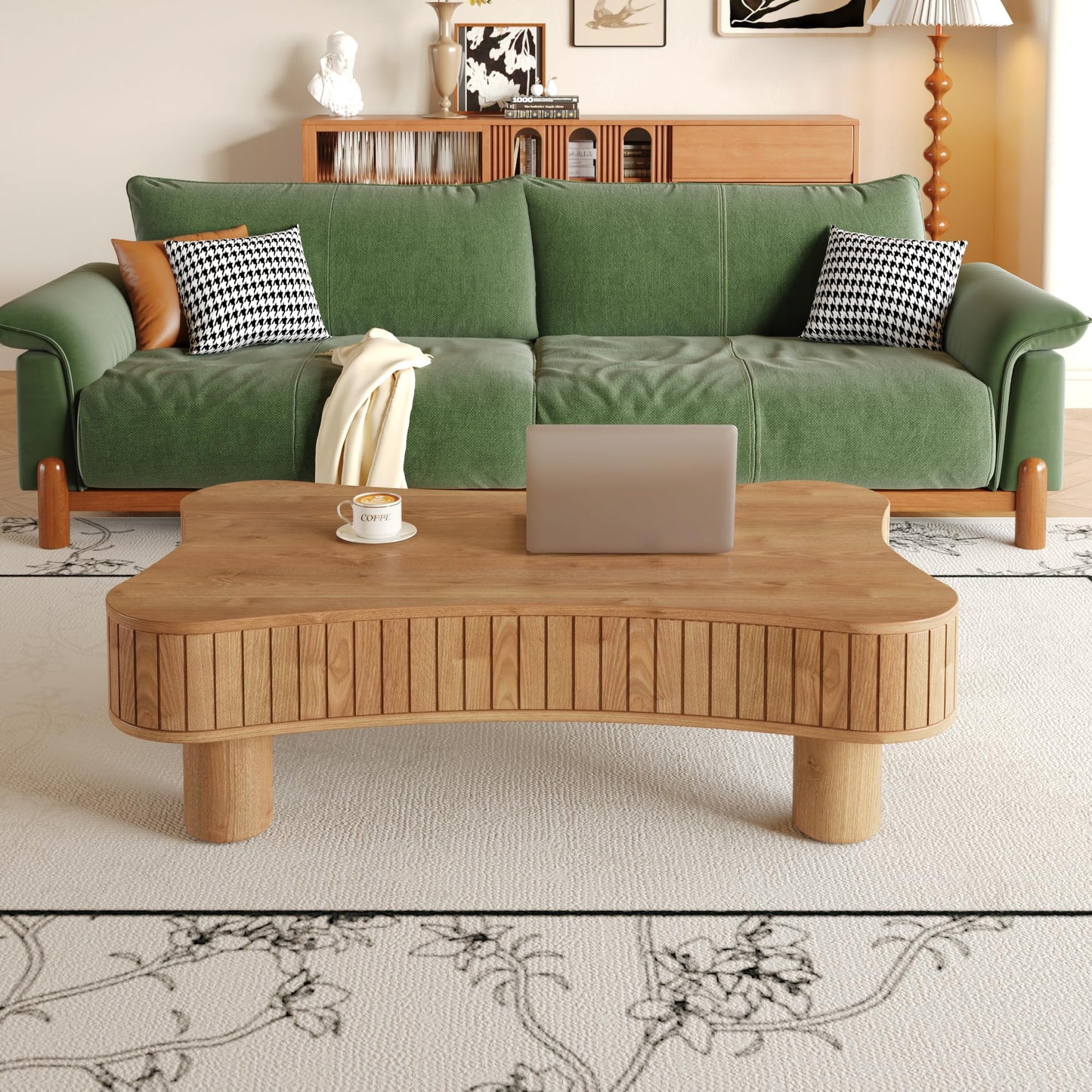 GDFStudio Zurnes Lift Top Coffee Table with Storage, 42" Accent Table for Living Room, Fluted Panel Hidden Storage, Silent Hydraulic Lift, Curved Corners, Easy Assembly, Light Brown