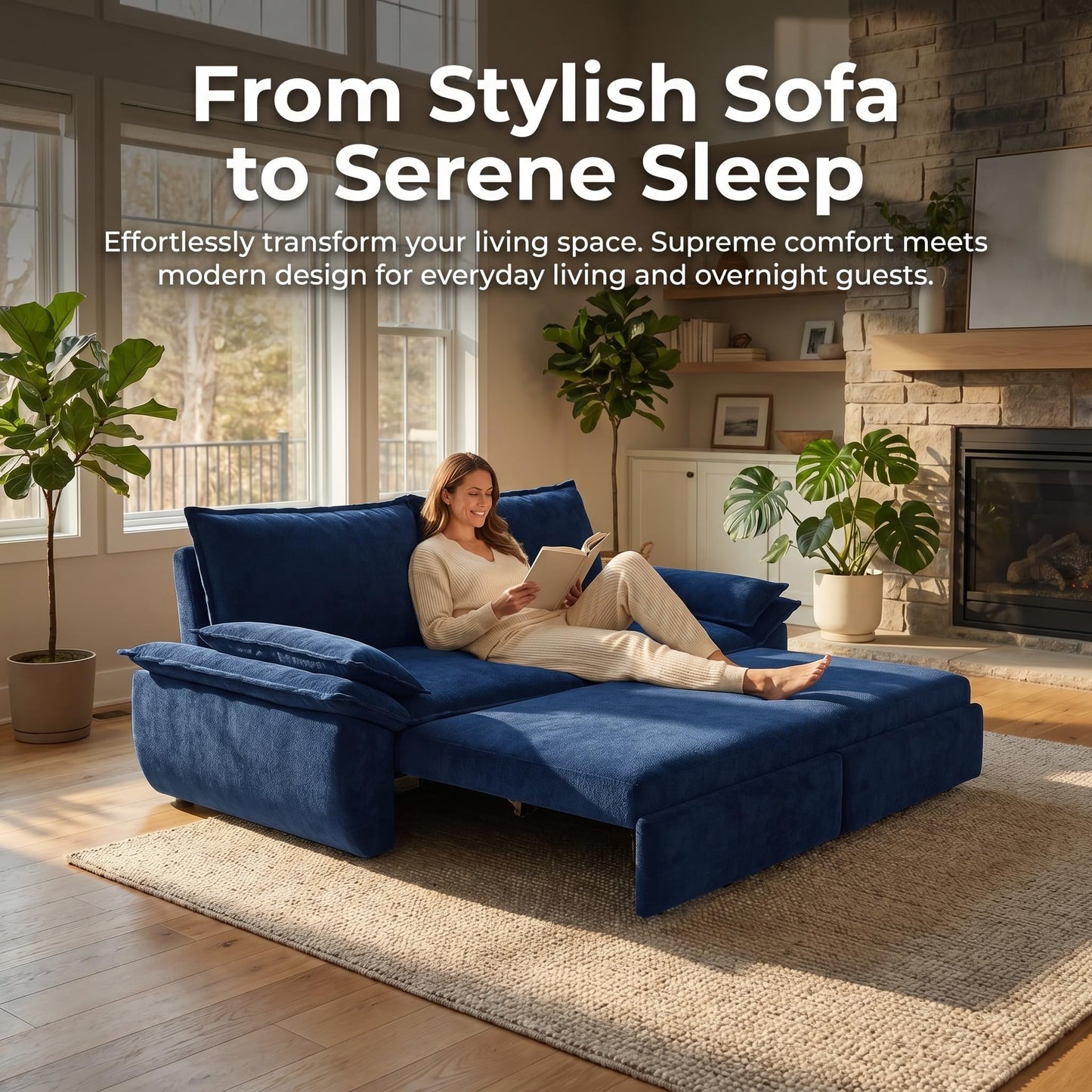 Trygoal Queen Sofa Bed, 3-in-1 Convertible Pull Out Couch, Velvet Couch with Pull Out Bed, Couch that Turns into Bed, Sleeper Sofa Bed for Living Room, Apartment, Small Space, Blue