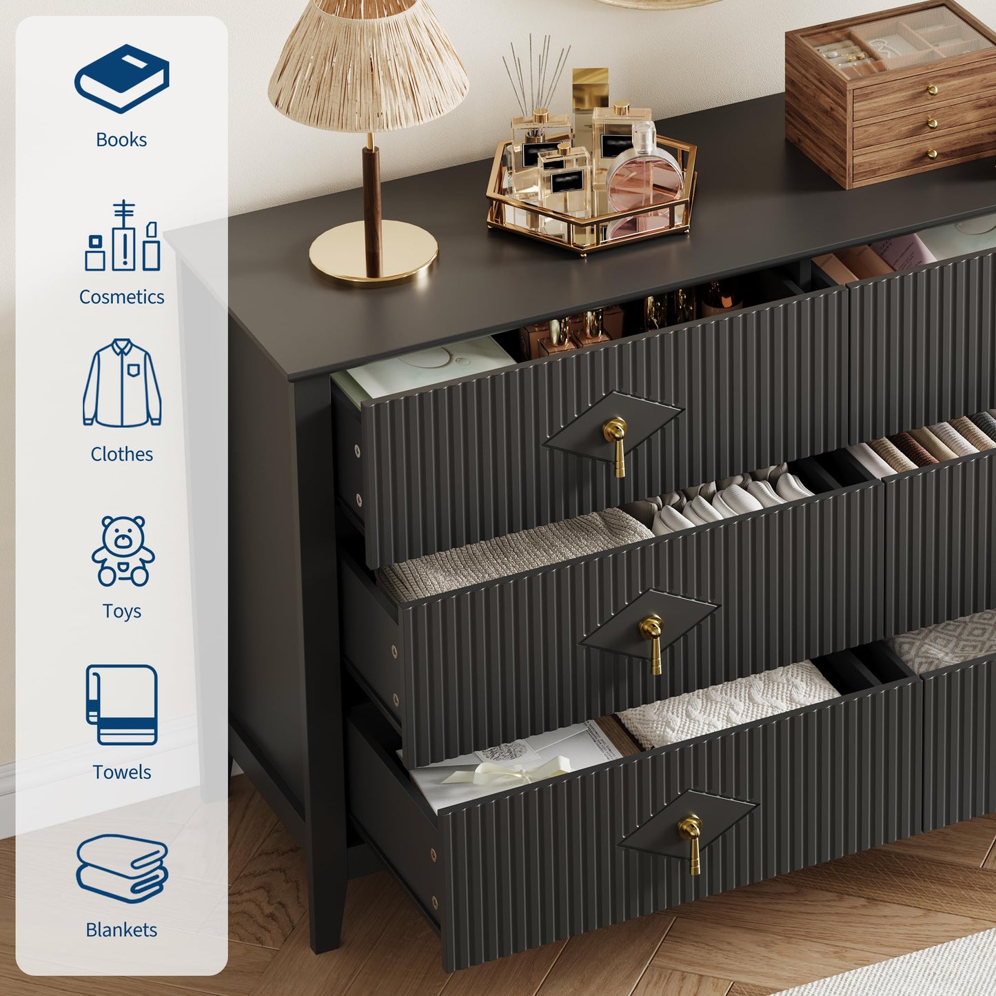 GarveeHome Fluted Dresser for Bedroom, 54 Inch Wide 6-Drawer Wood Dresser, Modern Chest of Drawers, Storage Organizer Cabinet for Living Room, Hallway, Entryway, Black