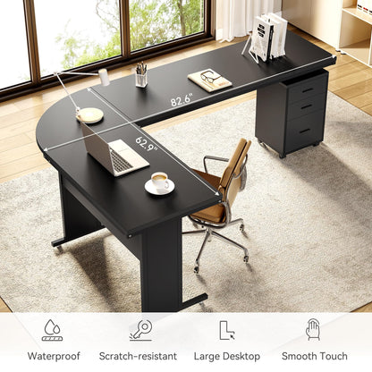 LITTLE TREE 82.67" Long Executive Desk Large L-Shaped Computer Office Desk with 3-Drawer Mobile File Cabinet, Industrial Business Furniture Desk Workstation for Home Office, Black