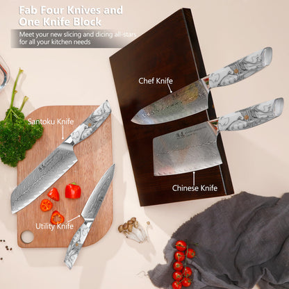 SHANGDAO Damascus Kitchen Knife Set with Magnetic Knife Block, 5 PCS Razor Sharp Kitchen Knives Made of Japanese Damascus Steelwith Block, Well-Balanced Damascus Chef Knife set