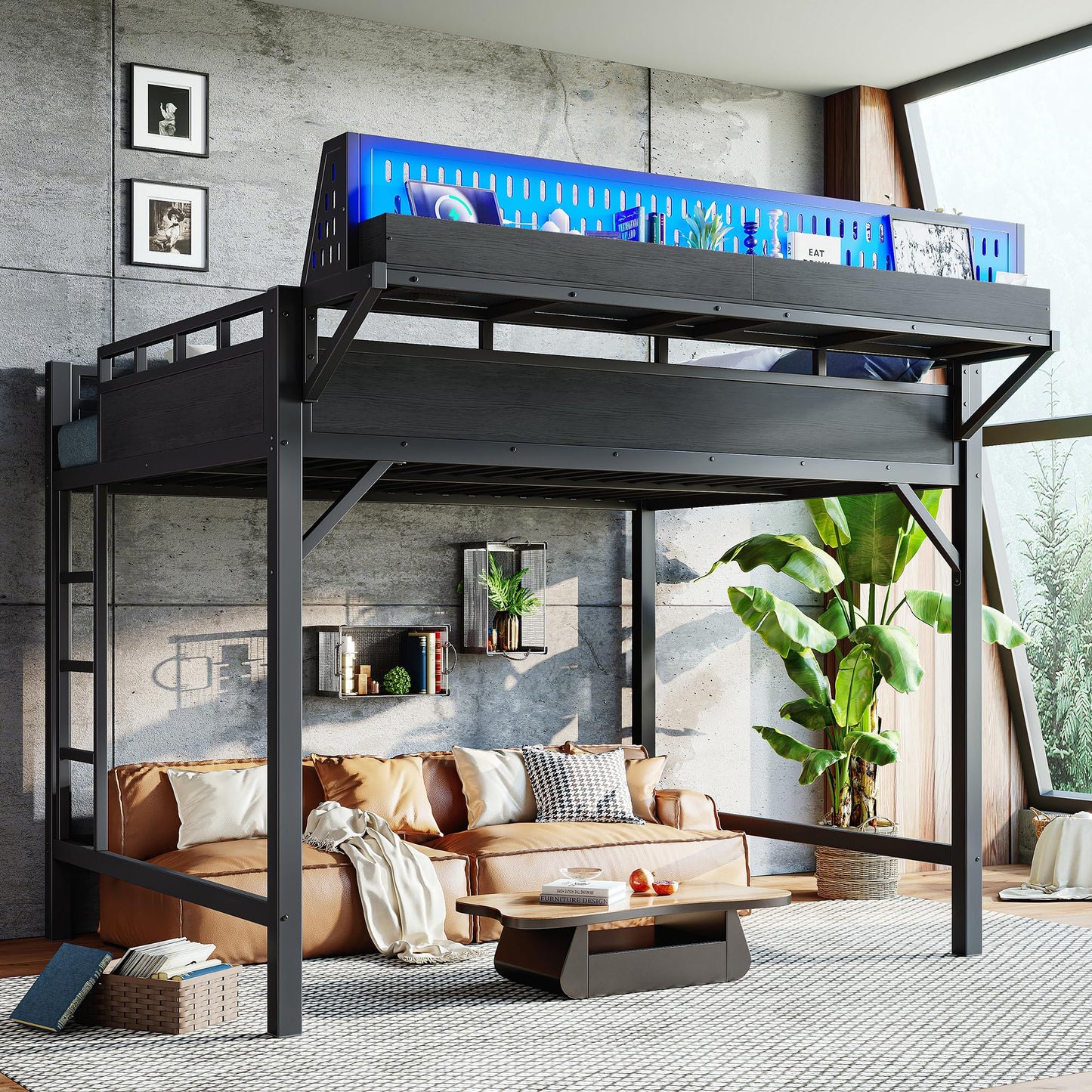 KEIKI Queen Size Metal Loft Bed Frame with Storage Shelves & Pegboard, Modern Loft Bed with USB Ports and LED Lights for Adults Studio Apartments Home Offices & Multifunction Bedrooms