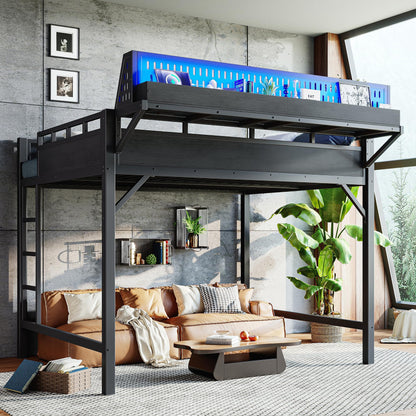 KEIKI Queen Size Metal Loft Bed Frame with Storage Shelves & Pegboard, Modern Loft Bed with USB Ports and LED Lights for Adults Studio Apartments Home Offices & Multifunction Bedrooms