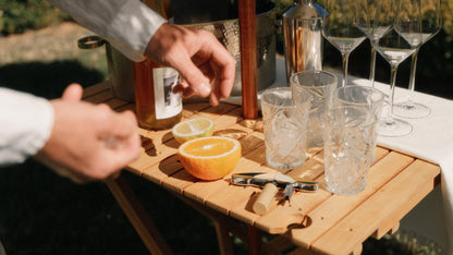 Business & Pleasure Co. Tall Folding Picnic Table - Perfect Outdoor Table for Picnics and Hosting - 4 Wine Glass Holders - Umbrella Hole - Premium Teak Hardwood