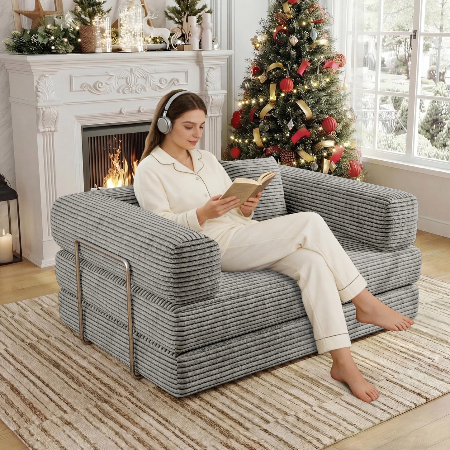 BSHOMGI Folding Sofa Bed, 4 in 1 Convertible Sofas to Lounger Comfy Floor Portable Foldable Sleeper Lazy Futon Couch Chair for Bedroom, Living Room (Light Gray, 53.15" Double Sofa)