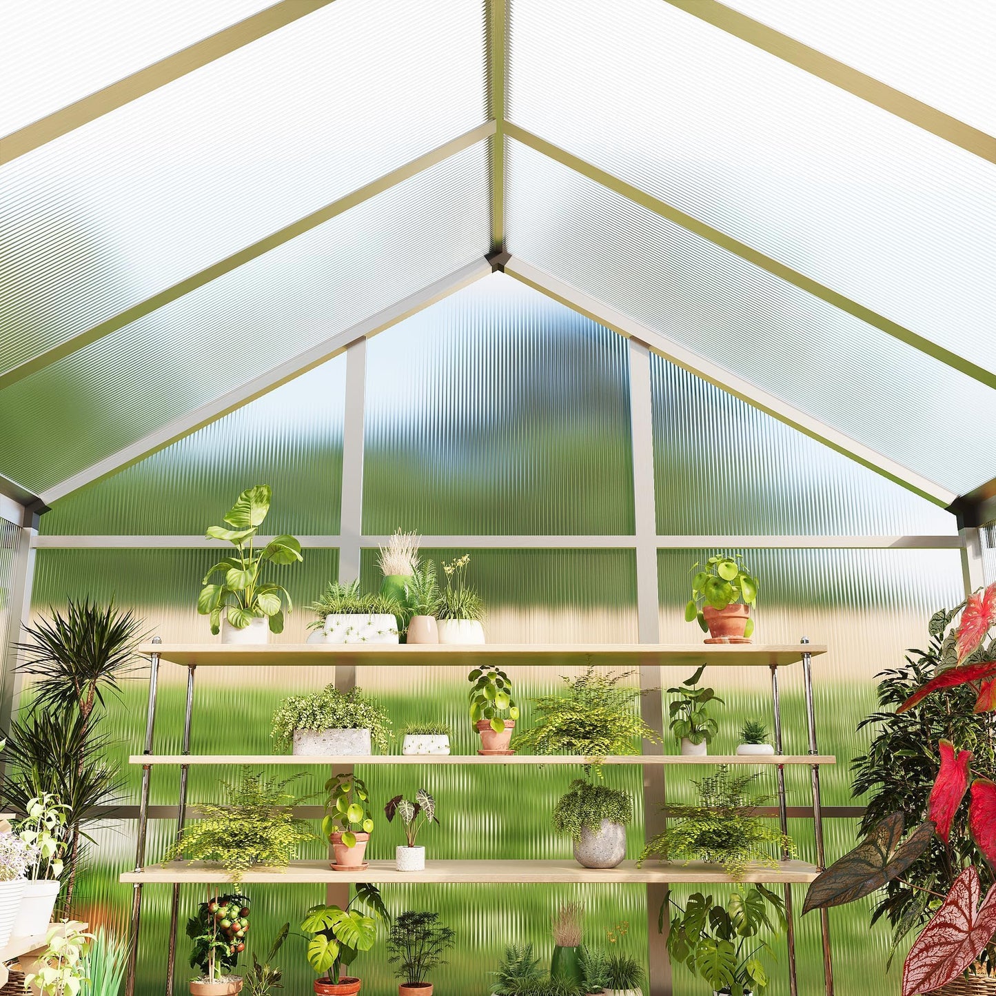 6x10 FT Greenhouse, Outdoor Sliding Door, Polycarbonate Greenhouse with Aluminum Frame, Lockable Door and Ajustable Roof Vent for Backyard, Outside Garden Backyard, Patio, Silver