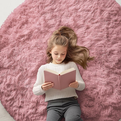 OLANLY Round Area Rug - Soft & Fluffy Pale Pink Shaggy Carpet | 5 ft Circle for Bedroom & Living Room Decor