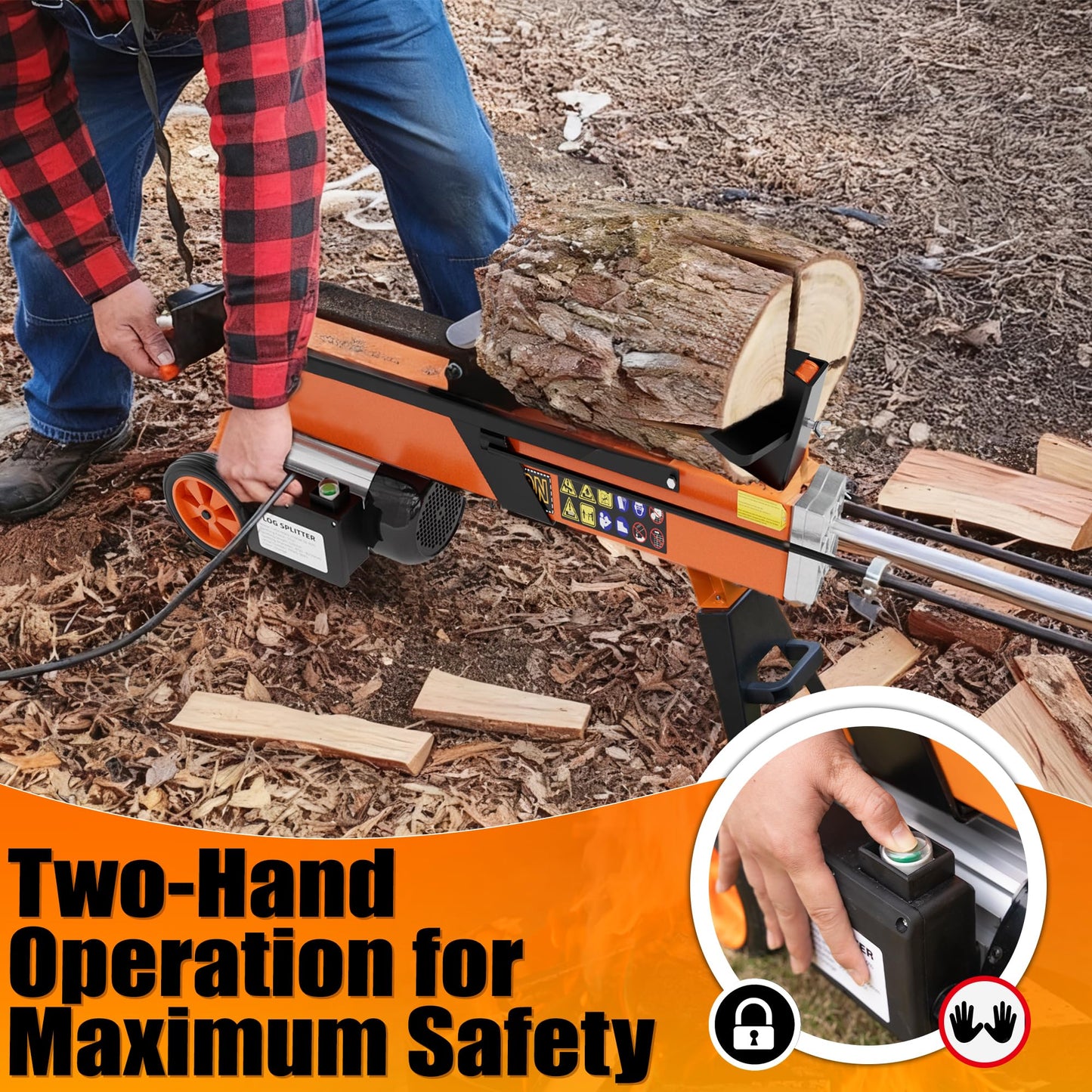 PPOLB 7 Ton Electric Wood Splitter, 15Amp Hydraulic Log Splitter with Detachable Cross Blade Cutting Head, Portable Firewood Splitter, Compact Horizontal Design for Backyard, Garage, Cabin - Orange