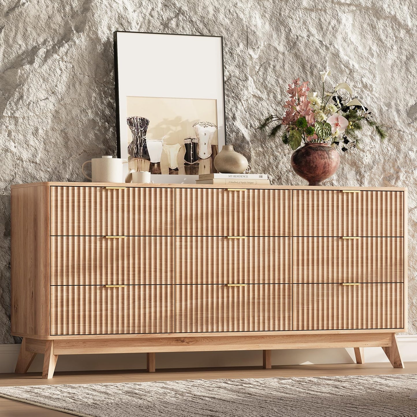 TROJM 63'' Wide 9 Drawers Dresser for Bedroom,Modern Fluted Vertical Chest with Rounded Corners,Fluted Dresser for Living Room,Hallway, Natural Wood
