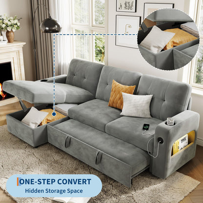 IDEALHOUSE 84" L Shaped Sleeper Sofa, Convertible Pull-Out Couch Bed with Storage & Charging Station, Sectional Sofa Bed with Cup Holder, Reversible Chaise for Living Room, Velvet, Light Gray