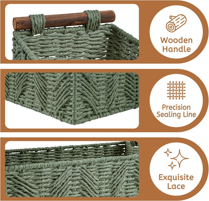 Skiennix Bathroom Baskets - Decorative Organizing Set with Handle for Countertop Storage | Green