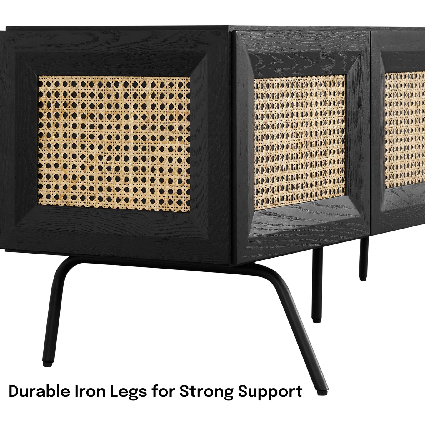 NTC Mossic TV Media Cabinet with 3 Doors for TVs, Entertainment Center with Natural Rattan, Metal Legs, Modern Storage Console for Living Room and Bedroom, Effortless Assembly, Burnt Black