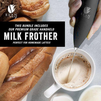 Bean Envy French Press Coffee Maker and Milk Frother Set: 34 oz Glass Carafe & Drink Mixer Duo
