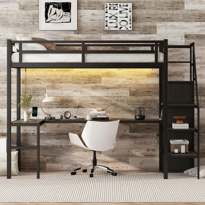 Heavy Duty Metal Loft Bed with Twin XL Size, Desk, Wardrobe & Storage Stairs, LED Charging Station, Space Saving for Kids, Teens & Adults - Black