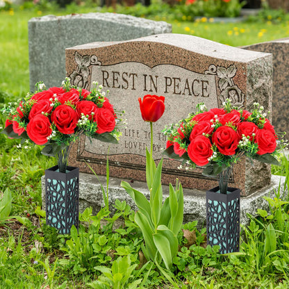 Yahenda 2 Sets Artificial Cemetery Flowers 36 Heads Rose with 2 Grave Markers Flower Holder Vase with Drainage Hole Long Spikes and 2 Floral Foam Blocks for Outdoor Memorials (Red)