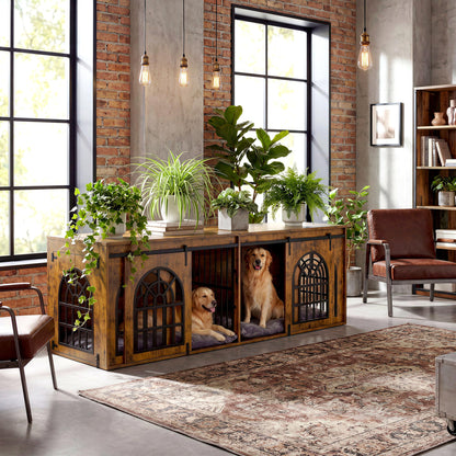 IRONCK 90.2" Double Room Dog Crate Furniture with Sliding Doors– Heavy Duty Wooden Dog Kennel with Hinged Divider, TV Stand & End Table for Large to Medium Dogs, Brown (Brown)