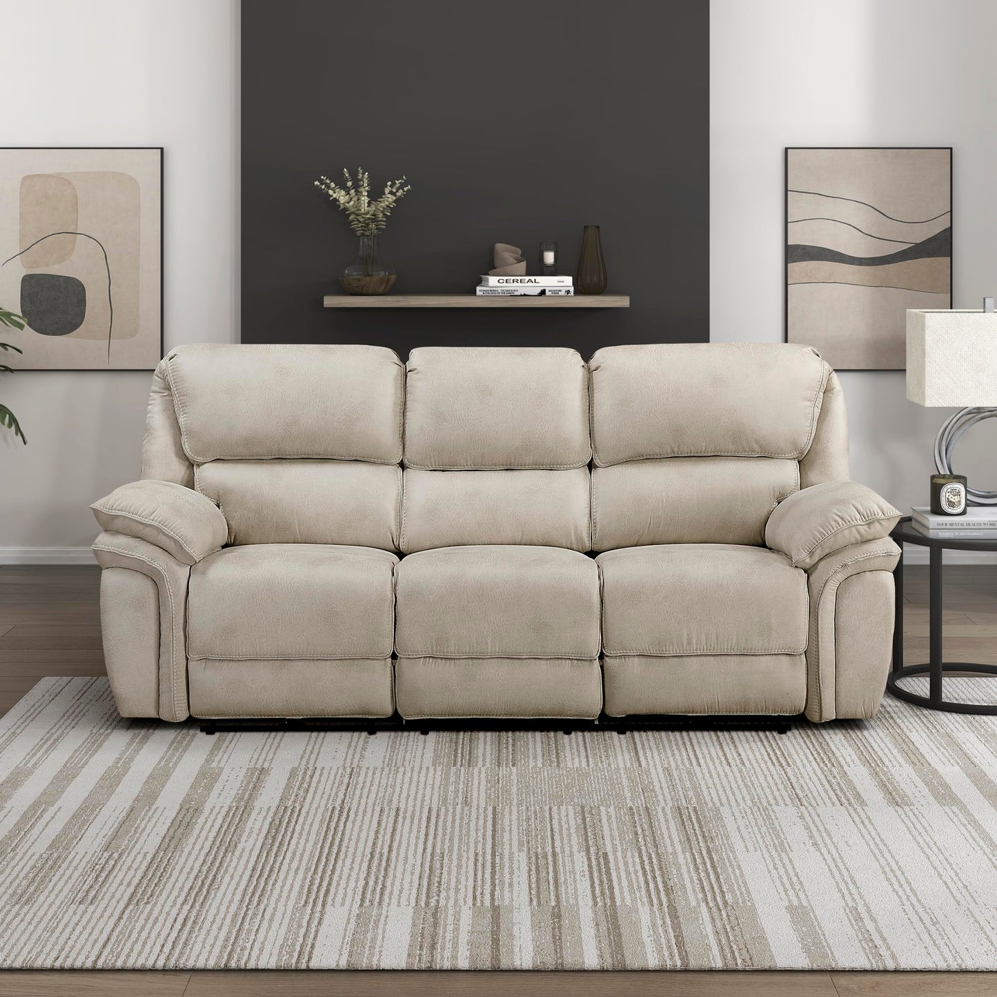 Lexicon Power Double Reclining Sofa, Polished Microfiber Wall Hugger Sofa Recliner for Living Room Comfort, Charging Port, Pillow Top Arms, Attached Cushions, Sand