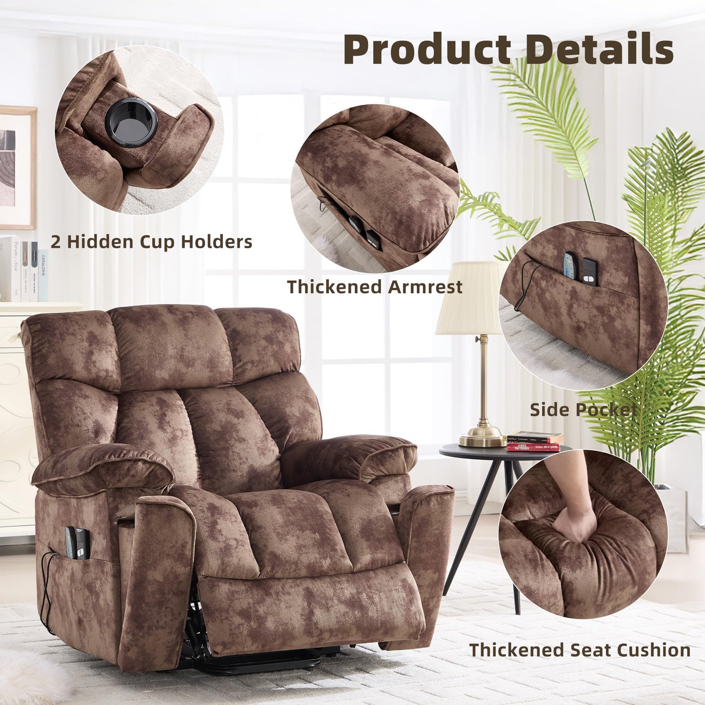 CANMOV Power Lift Recliner Chair for Elderly with Vibration Massage and Lumbar Heating, Overstuffed Electric Lift Chair with Side Pocket and 2 Cup Holders for Living Room, Brown