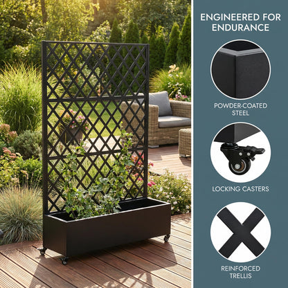 Metal Planter Box with Trellis on Wheels – Large Raised Garden Bed with Privacy Screen & Drainage Holes for Climbing Plants, Vegetables & Vines, Proof Rolling Flower Box for Patio Balcony Backyard