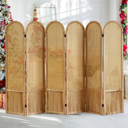 6 Panel Room Divider and Folding Privacy Screen, 5.6 Ft Foldable Double Hinged Rattan Partition, Hand-Woven Rattan Room Divider Portable Wood Freestanding Wall Divider for Room Separation - Natural