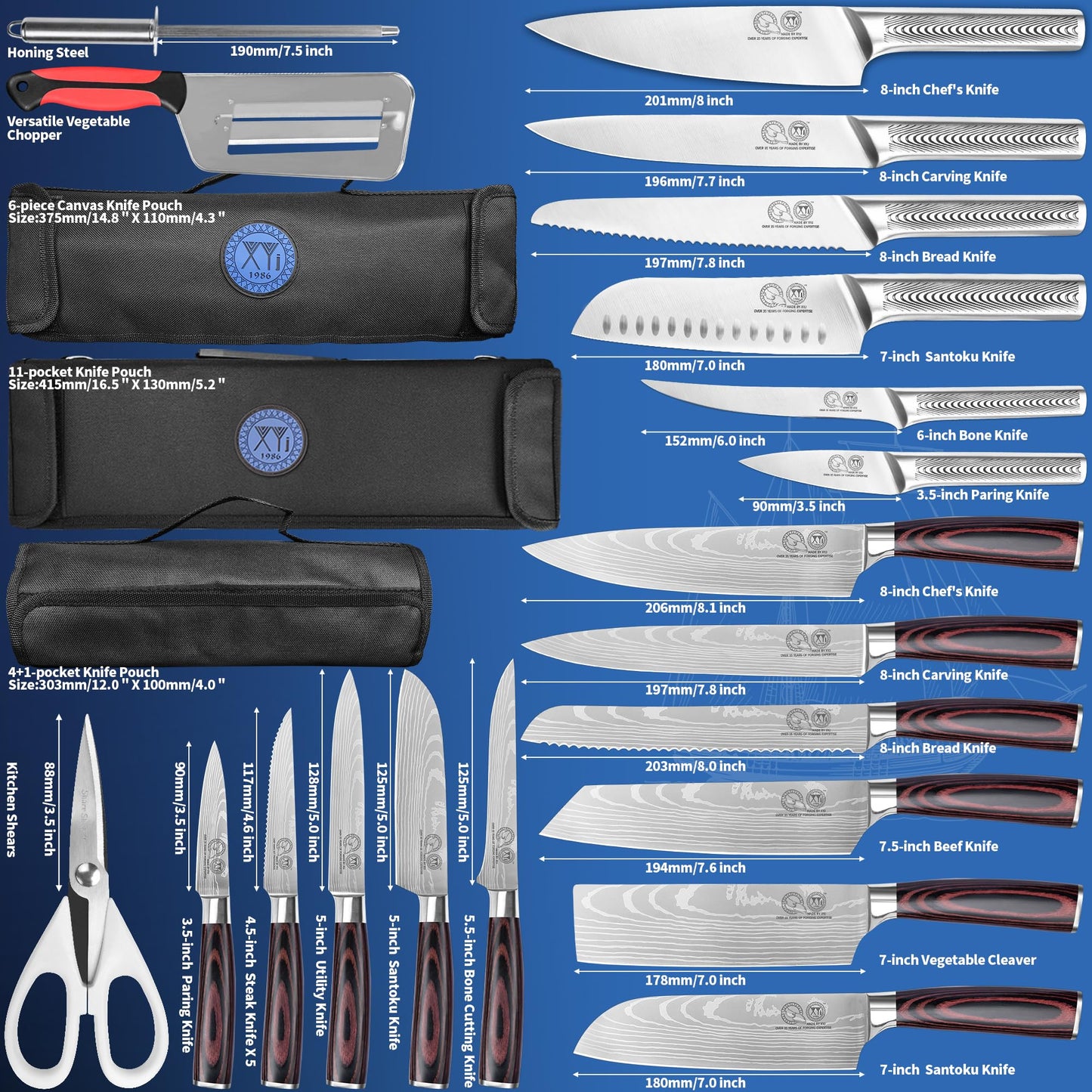 XYJ Kitchen Knife Set, Stainless Steel Fruit Steak Ham Fish Fillet Carving Slicing Chef Knife Set with Bag, Scissors, Sharpening Tool, Peeler, Vegetable Slicer, Gloves