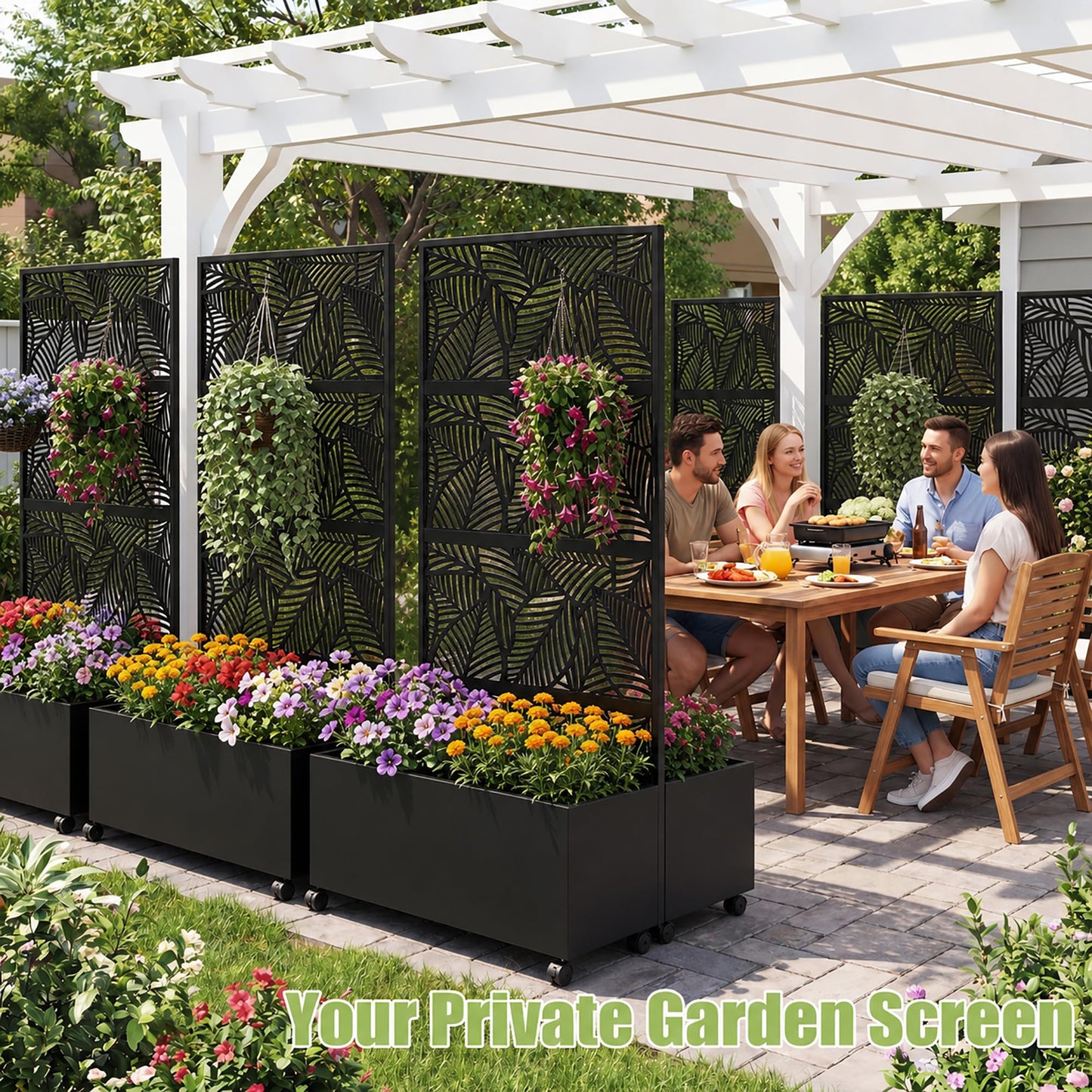 Veemuaro Metal Planter Box with Trellis, 70" H × 46" L Freestanding Outdoor Raised Garden Bed with Privacy Screen, Wheels and Drainage Holes, Leaf Privacy Screen Planter Box for Garden, 2PCS